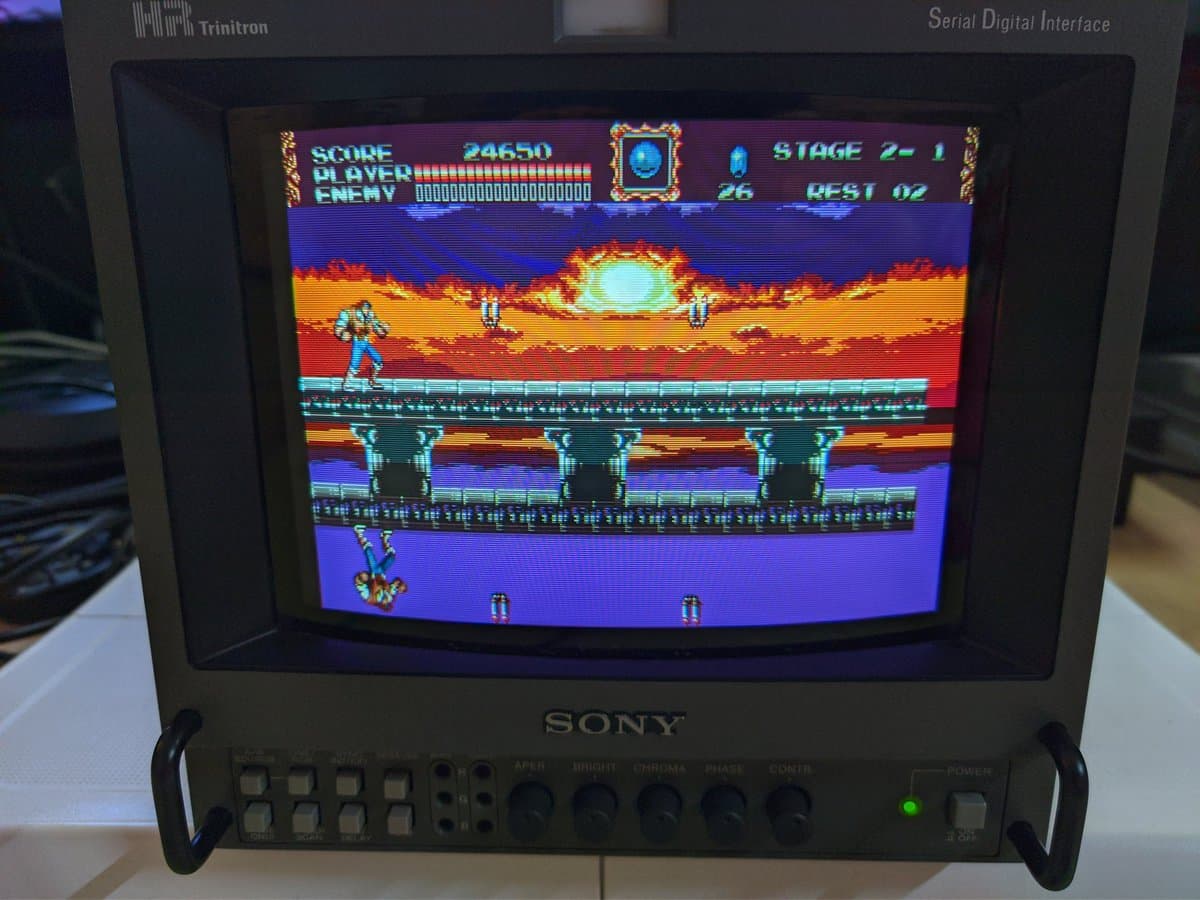Sony BVM-9045QD displaying Castlevania Stage 2, vibrant colors restored after neckboard solder joint repair and PSU/deflection board work.