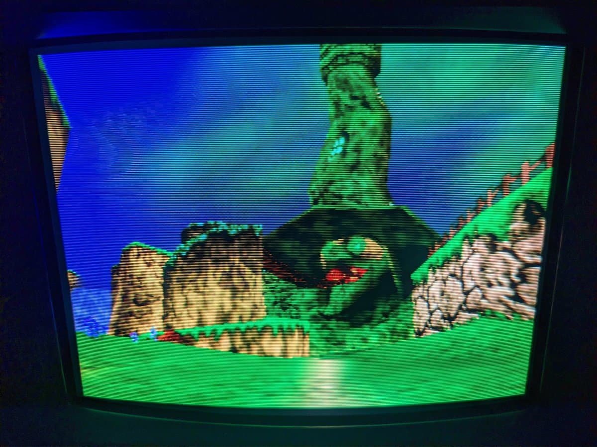 Sony PVM-14M4J displaying corrected color output after repair; retrace lines resolved, full RGB color restoration complete.