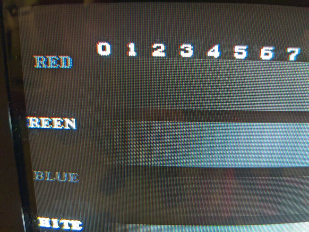 CRT color test pattern showing RED, GREEN, BLUE channels with numbered gradient bars 0-7 for color convergence alignment.