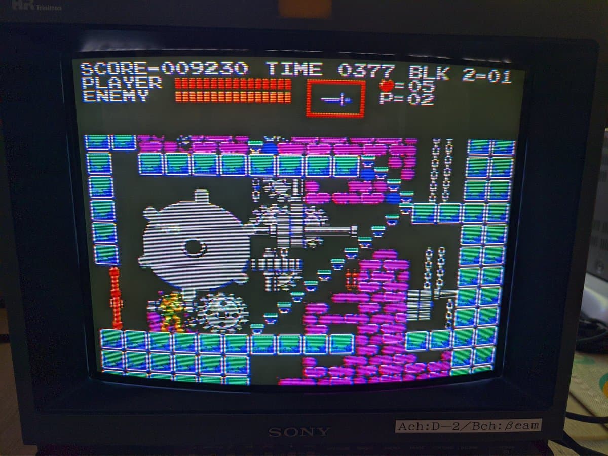 Castlevania 3 running on repaired Famicom with composite mod board installed, displaying colorful 8-bit gameplay on CRT monitor.