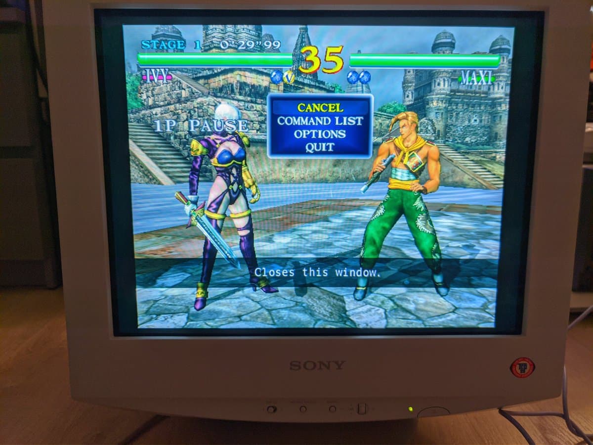 Soul Calibur fighting game displayed on repaired Sony CPD-G420 CRT monitor via Dreamcast direct input, showing corrected geometry and stable display after G2 voltage calibration.