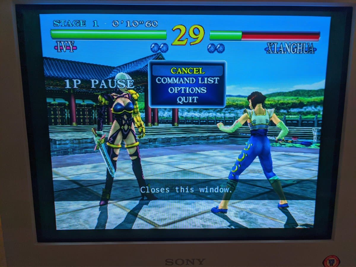 Sony CPD-G420 displaying Virtua Fighter 4 arcade game at 480p via Retrotink 5x after G2 voltage calibration repair.