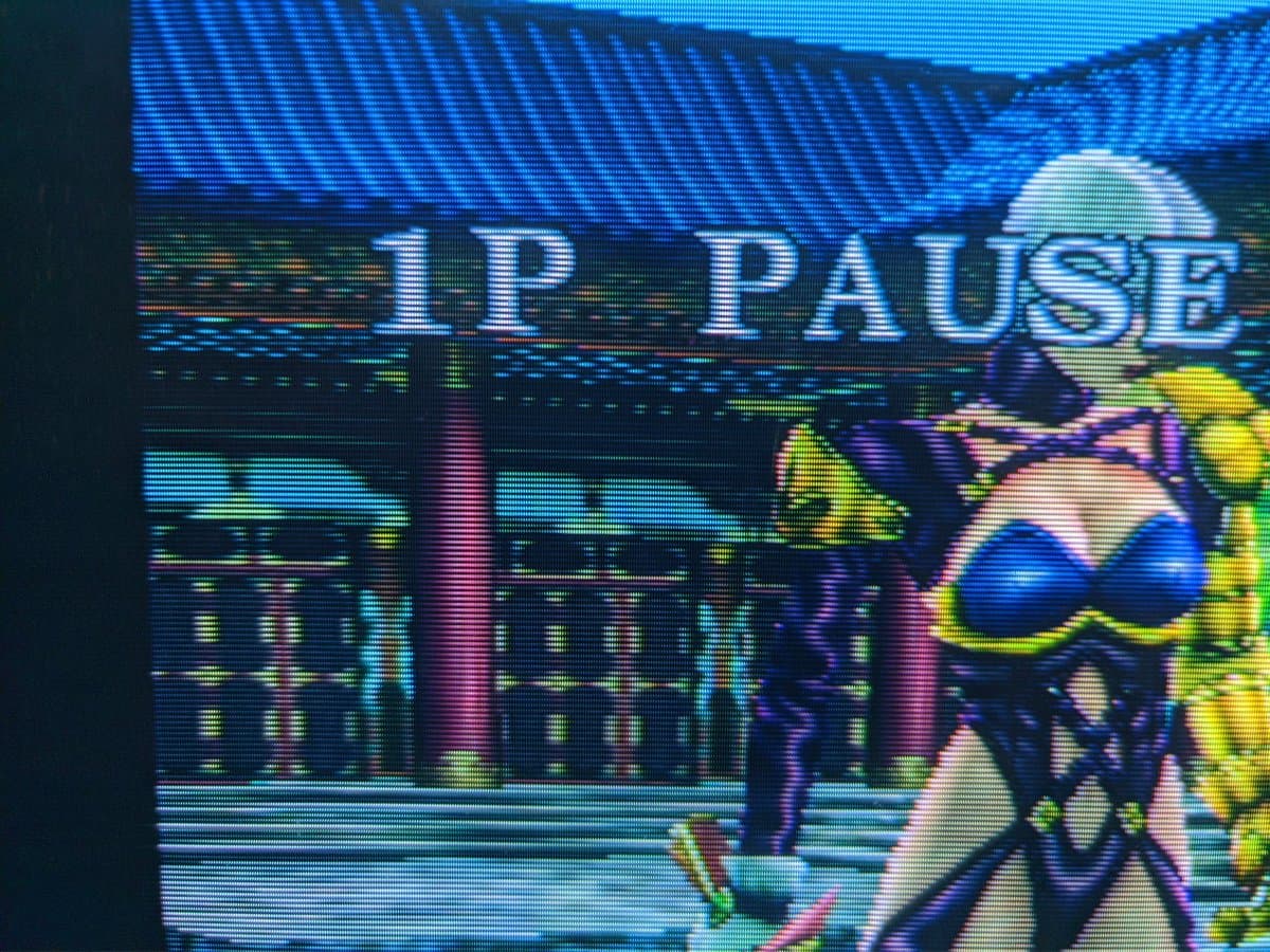 Sony CPD-G420 startup screen displaying "IP PAUSE" text with characteristic CRT scanlines visible on monitor display after G2 voltage calibration repair.