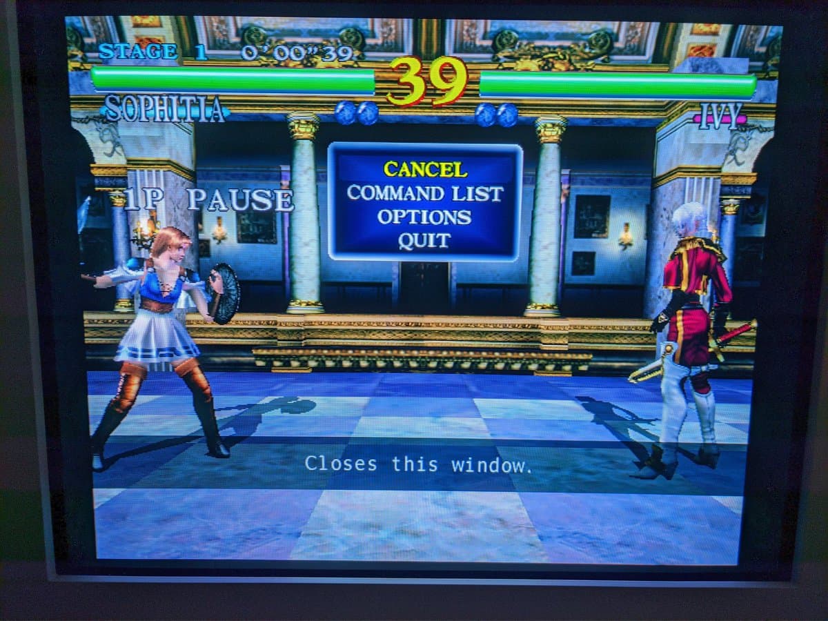 Soul Calibur on Sony CPD-G420 displaying Sophitia vs opponent, menu overlay visible, demonstrating aperture grille display characteristics post-G2 calibration repair.