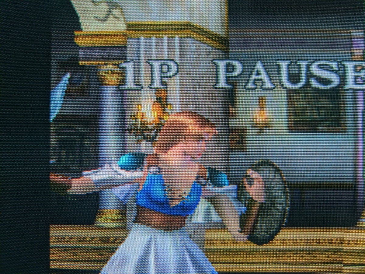 Soul Calibur gameplay on Sony CPD-G420 CRT after G2 voltage calibration repair, showing corrected geometry and character rendering.