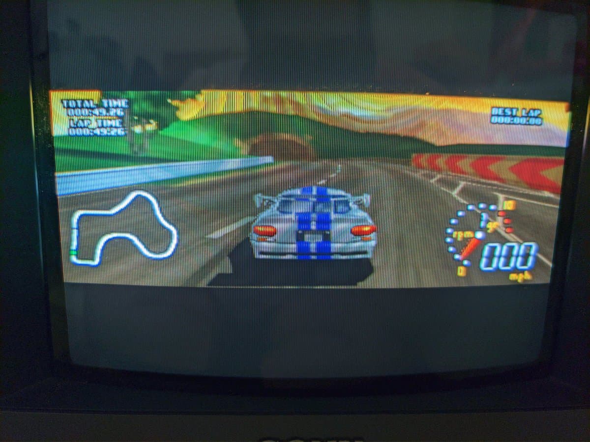 World Driver Championship running on N64 in hi-res mode on Sony PVM-9040, displaying race track, vehicle, and score display.