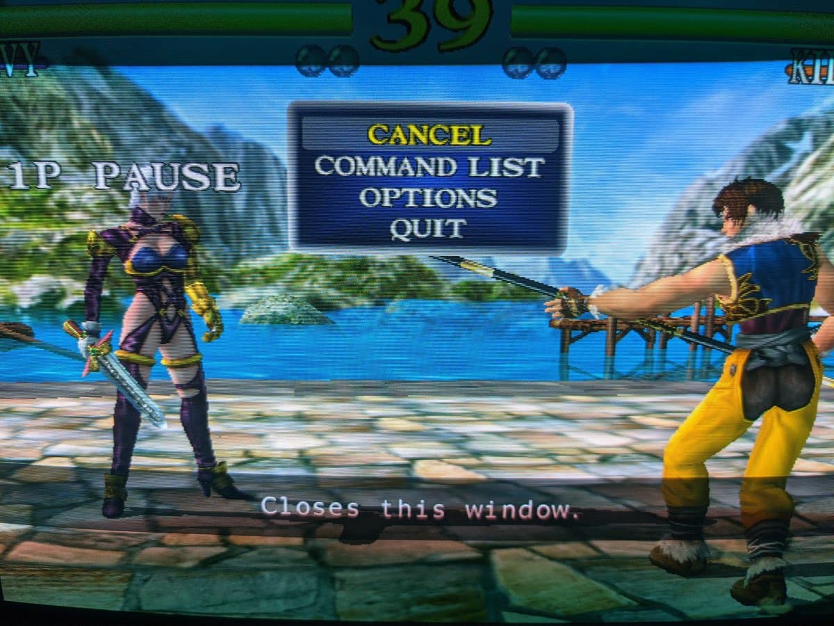 Soulcalibur pause menu displayed on Sony CPD-G420 CRT monitor, showing clear geometry and image quality after G2 voltage calibration repair.