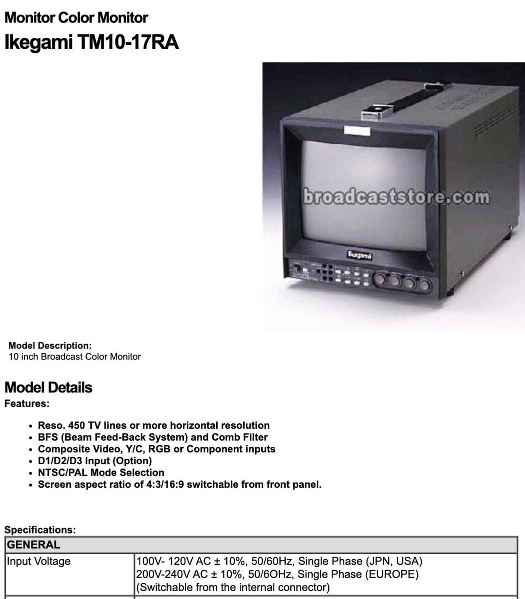 Ikegami TM10-17RA 10-inch CRT monitor specifications sheet showing input voltage options and internal connector for 100V-120V or 200V-240V AC selection.
