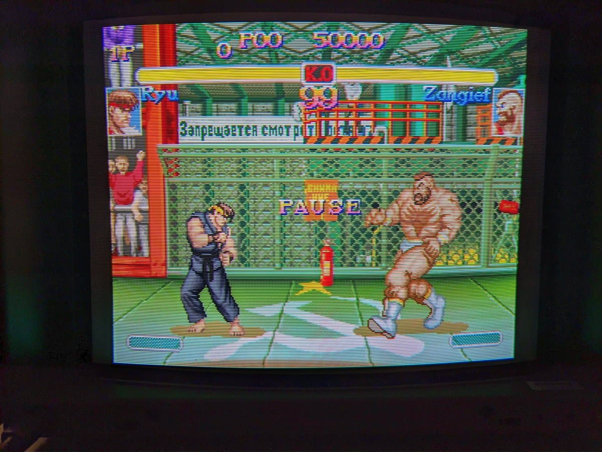 Street Fighter gameplay on restored BVM-D14H1E displaying 240p S-video output from 3DO console, vibrant color reproduction and sharp image quality visible.