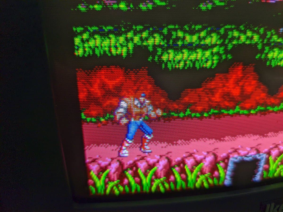 Sega Genesis gameplay on restored Sony BVM-D9H5J CRT; character in blue stands in pink landscape with green trees and red mountains visible.