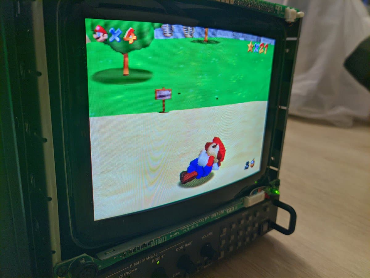 Super Mario Bros 2 running on restored Sony BVM-D9H5J CRT monitor displaying aperture grille tube with vibrant colors and sharp geometry.
