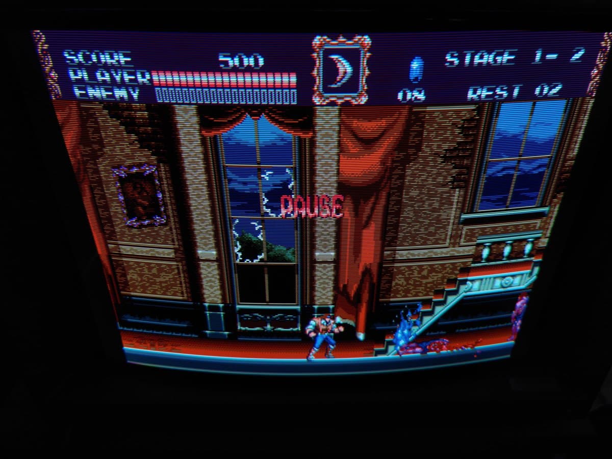 Castlevania Bloodlines gameplay on restored Sony BVM-D14H1E CRT displaying 800TVL resolution with crisp scanlines via Sega Genesis.