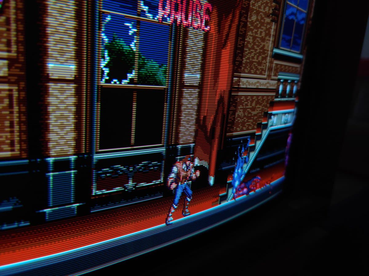 Castlevania Bloodlines gameplay displayed on restored Sony BVM-D14H1E professional monitor, showing crisp scanlines at 800TVL resolution via Sega Genesis.