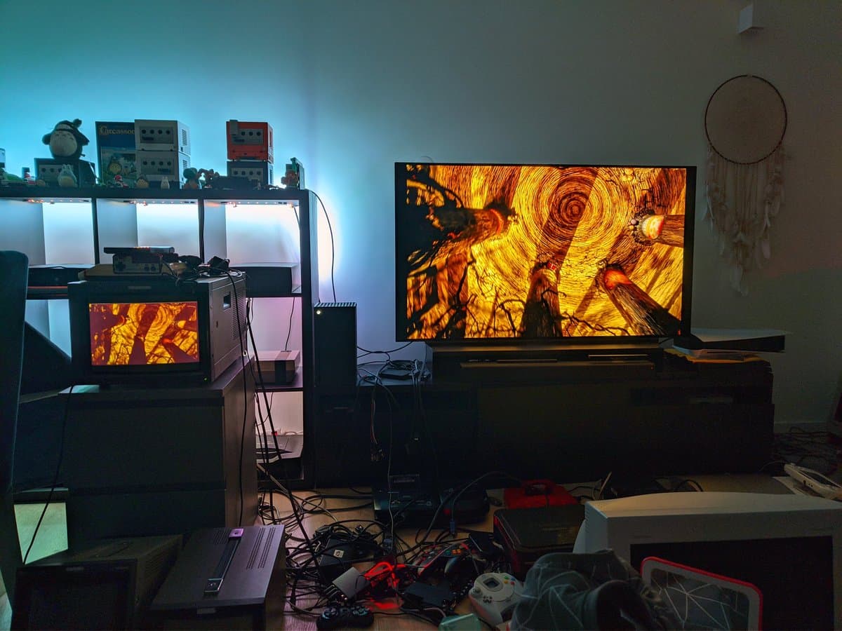 Sony BVM-D14H1E displaying Nightmare Before Christmas scene with warm-toned spiraling imagery, professional monitor restoration complete.