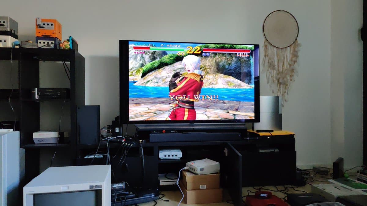Soul Calibur victory screen on display connected to refurbished Dreamcast VA0 with GDEMU mod installed, test gameplay verification.