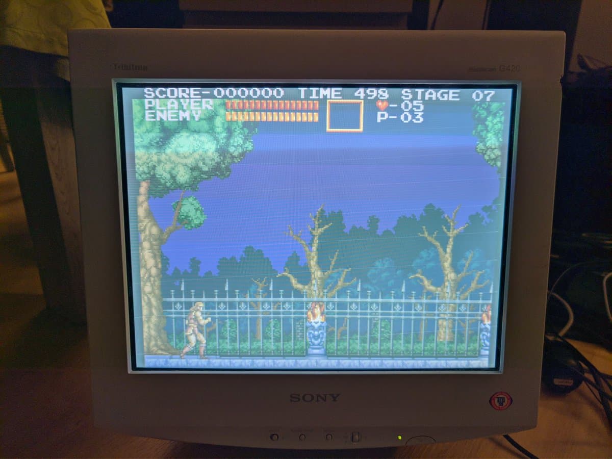 Castlevania running on Sony CPD-G420 CRT monitor displaying stage 07 with geometry distortion visible in the display output.