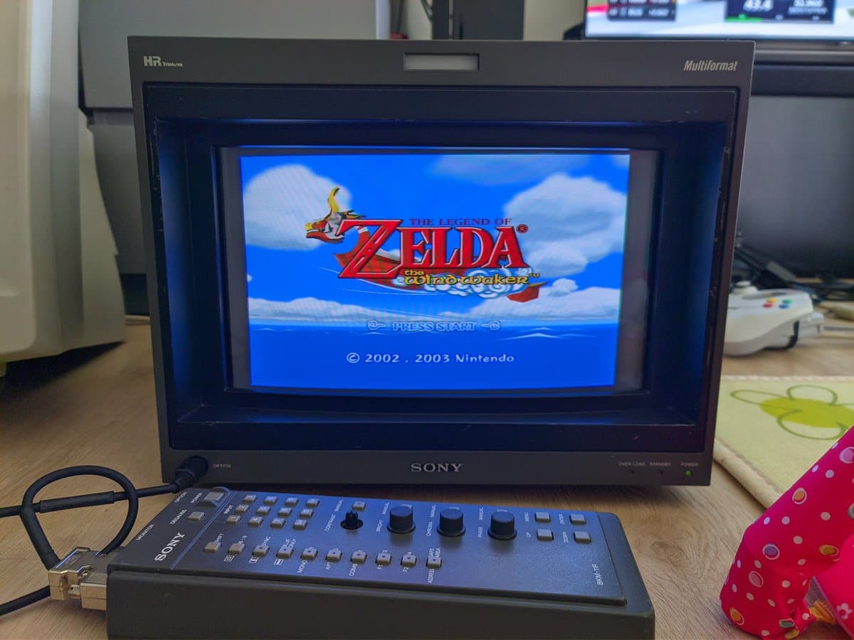 Sony BVM-D14H1E CRT displaying The Legend of Zelda: The Wind Waker title screen at 480p, showing low usage hours.