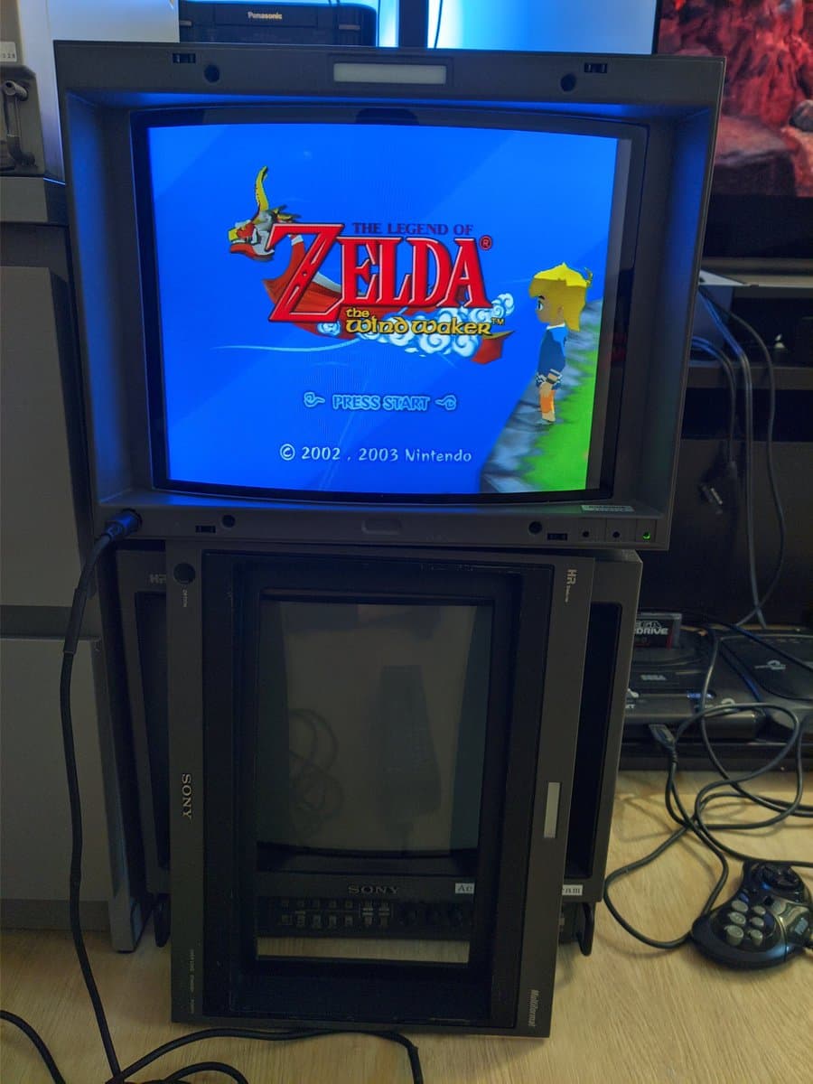 Sony BVM-D14H1E professional CRT displaying Legend of Zelda: Wind Waker boot screen with 16:9 mask removed, showing full 4:3 display area.
