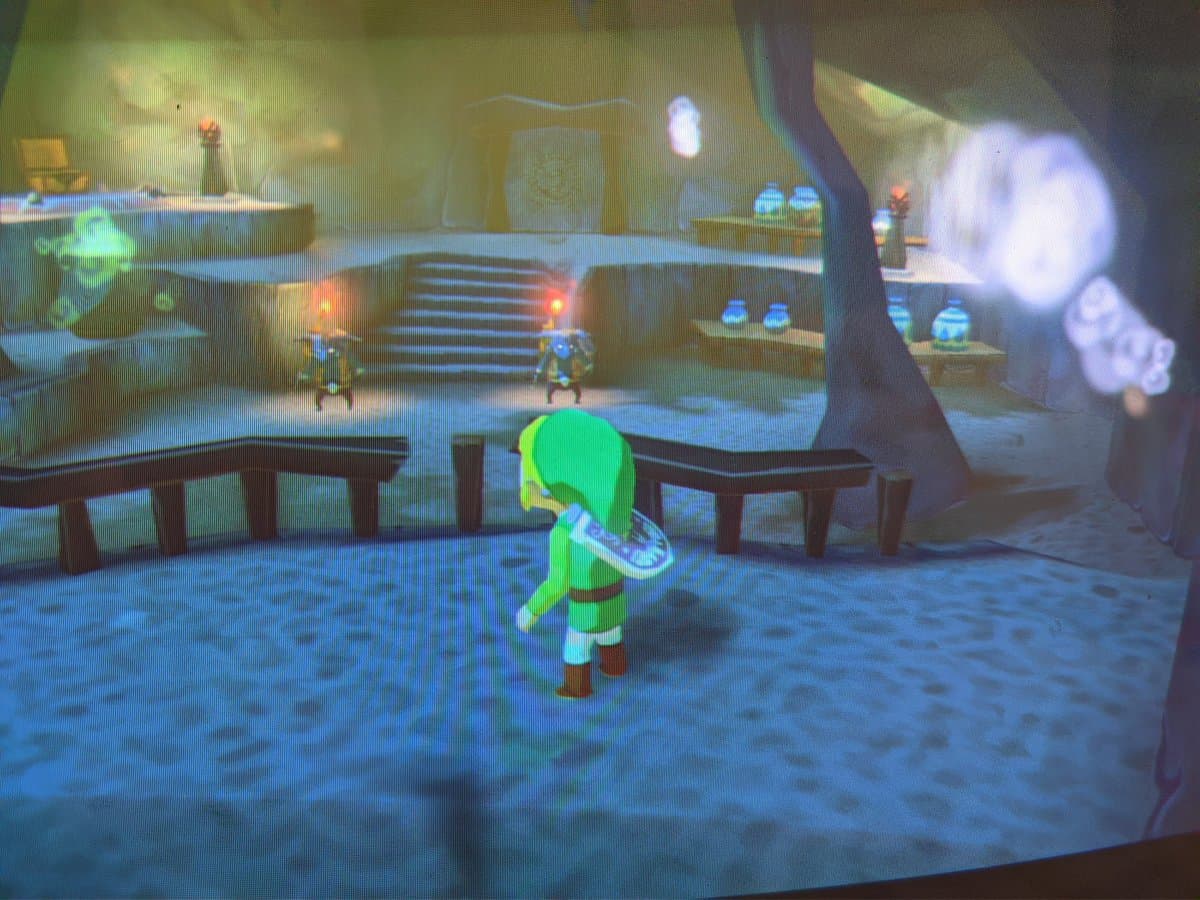 Link in green tunic stands in sandy area of Wind Waker HD displayed on Sony BVM-D14H1E CRT monitor at 1080i resolution via Wii U.
