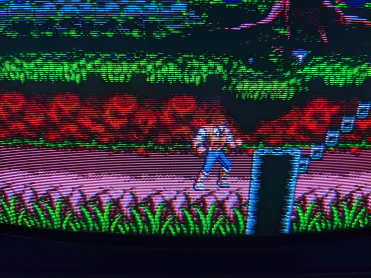 Castlevania gameplay on Sony PVM-14M4J CRT showing restored color output with vibrant green grass, red enemies, blue character, after tube pin reflow repair.