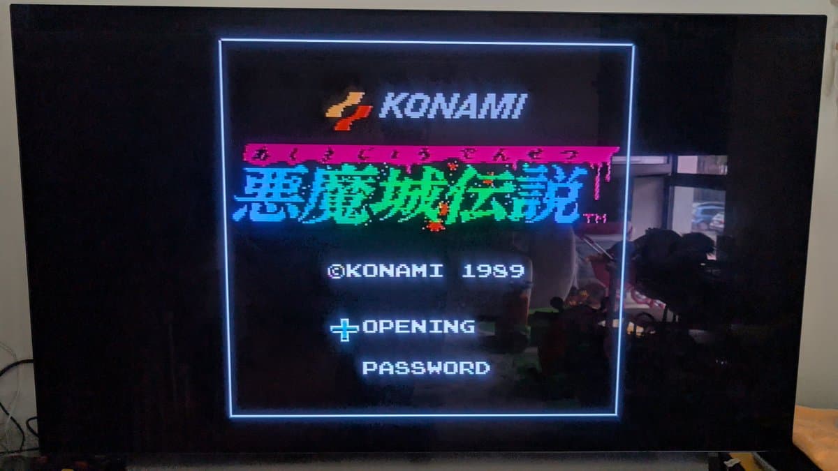 Konami Castlevania title screen displaying on AV Famicom after cartridge slot cleaning and system recap repair.