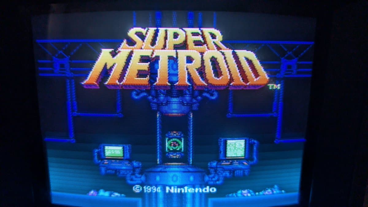 Super Metroid title screen displayed on Sony PVM monitor, showing vibrant colors and sharp image quality after console restoration and upgrades.