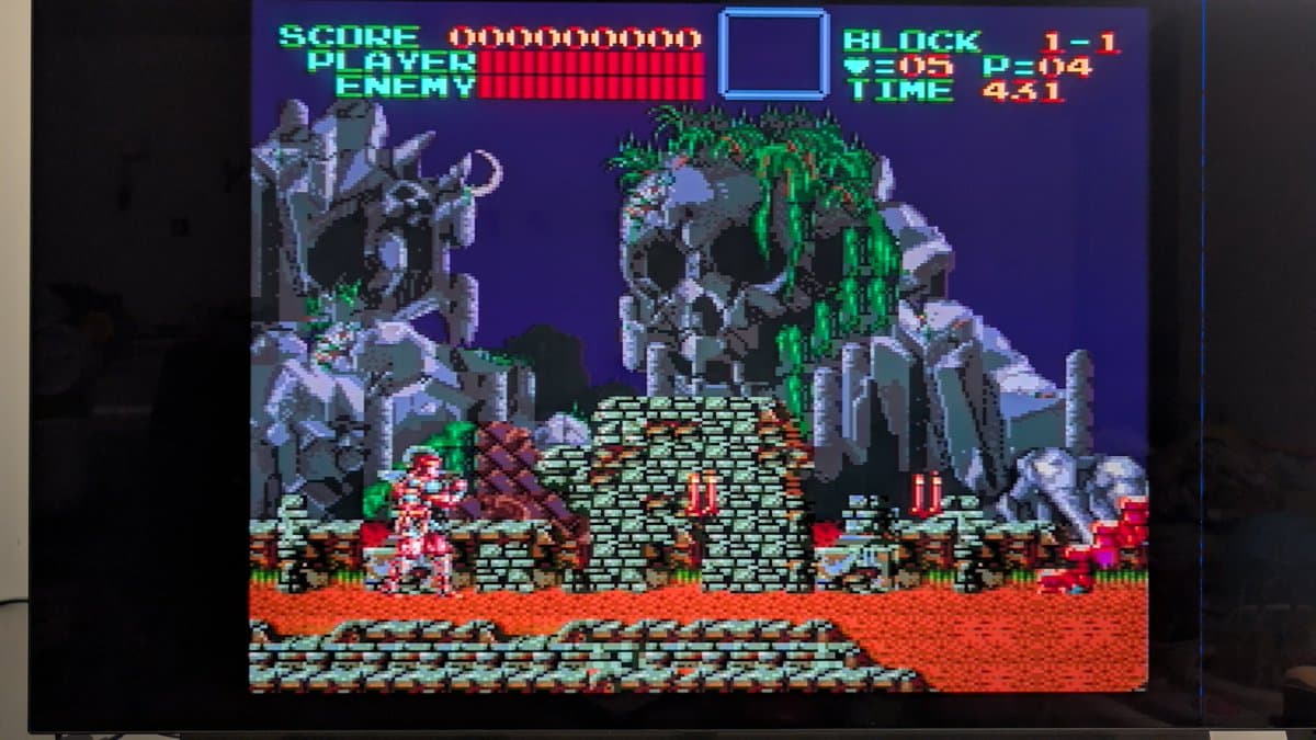 Super Famicom Jr. running Castlevania IV via S-video on Tink4K Pro. Game displays properly with full color and sprite rendering after recap and cleaning work.
