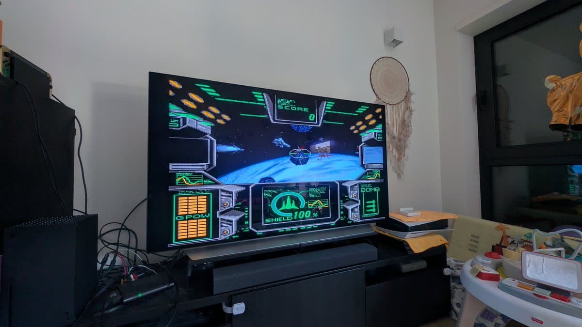 Sega Mega-CD 1 running Sonic CD, displaying full HUD with shield at 100%, FMV gameplay visible without stuttering after optical pickup replacement.