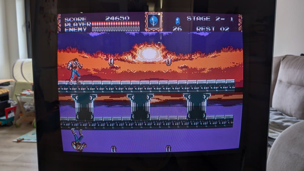 Bang & Olufsen Beovision 1 displaying Castlevania game; X2 safety cap failure repair aftermath showing perfect picture output.