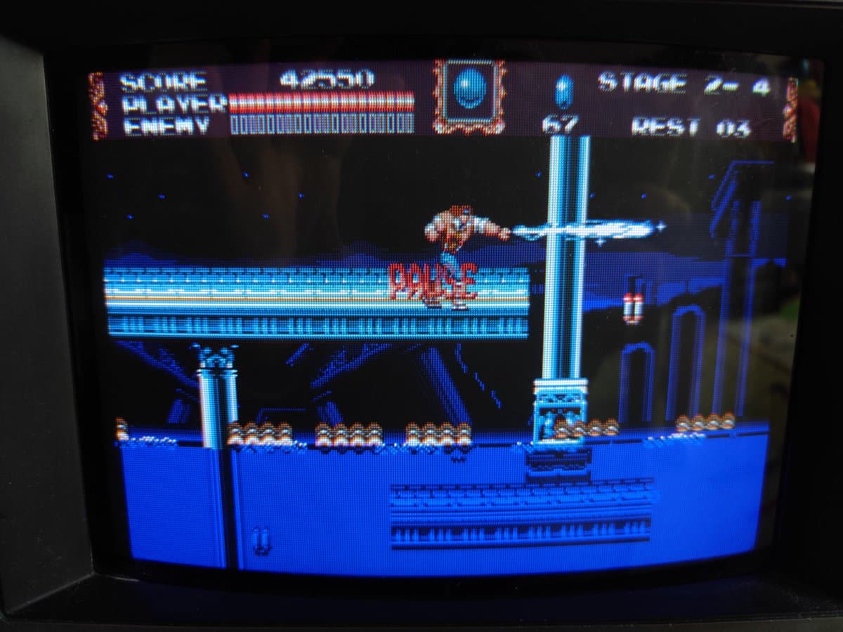 Sony PVM-9041Q displaying Castlevania gameplay during restoration testing; vibrant tube output with proper color rendition post-recap.
