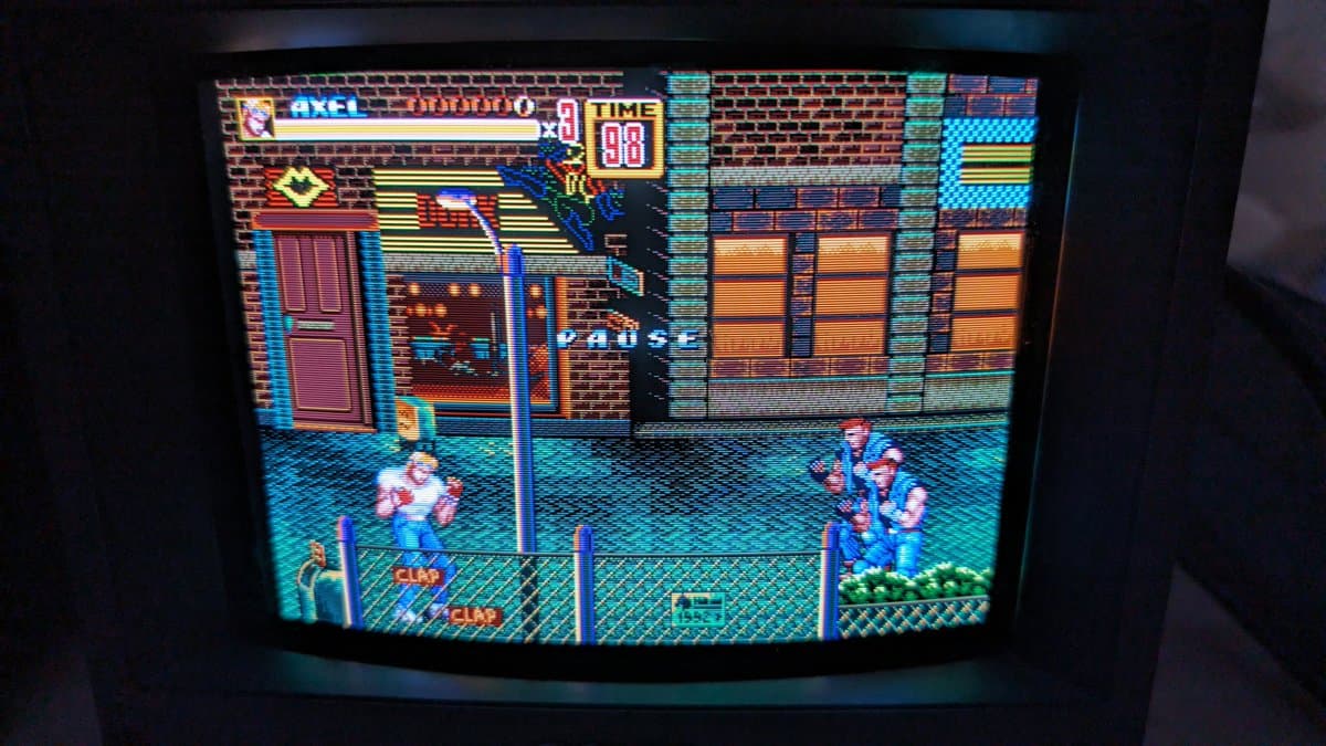 Streets of Rage 2 gameplay on restored Sony PVM-9045QD CRT after PSU, neck board, and deflection board repairs.