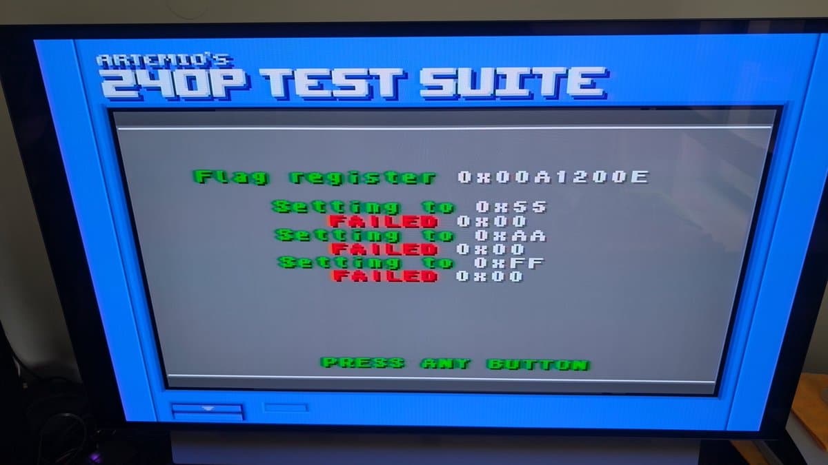 Sega Wondermega 240P test suite showing flag register 0x00A1200E and multiple failed S2 settings in hex values 0x55, 0x00, 0xAA, 0xFF.