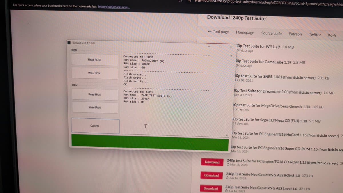 Flash kit programmer displaying 240p Test Suite download page with ROM options for various Sega consoles listed on right panel.