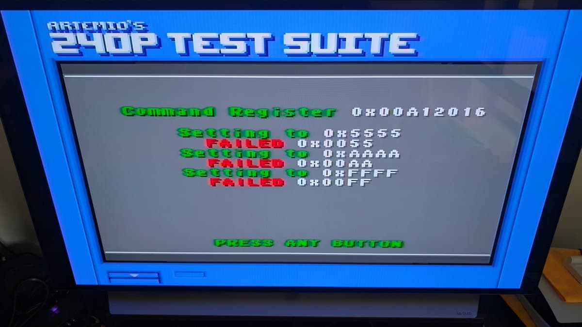 Wondermega 240p test suite displaying Command Register failures in green and red text on diagnostic screen.