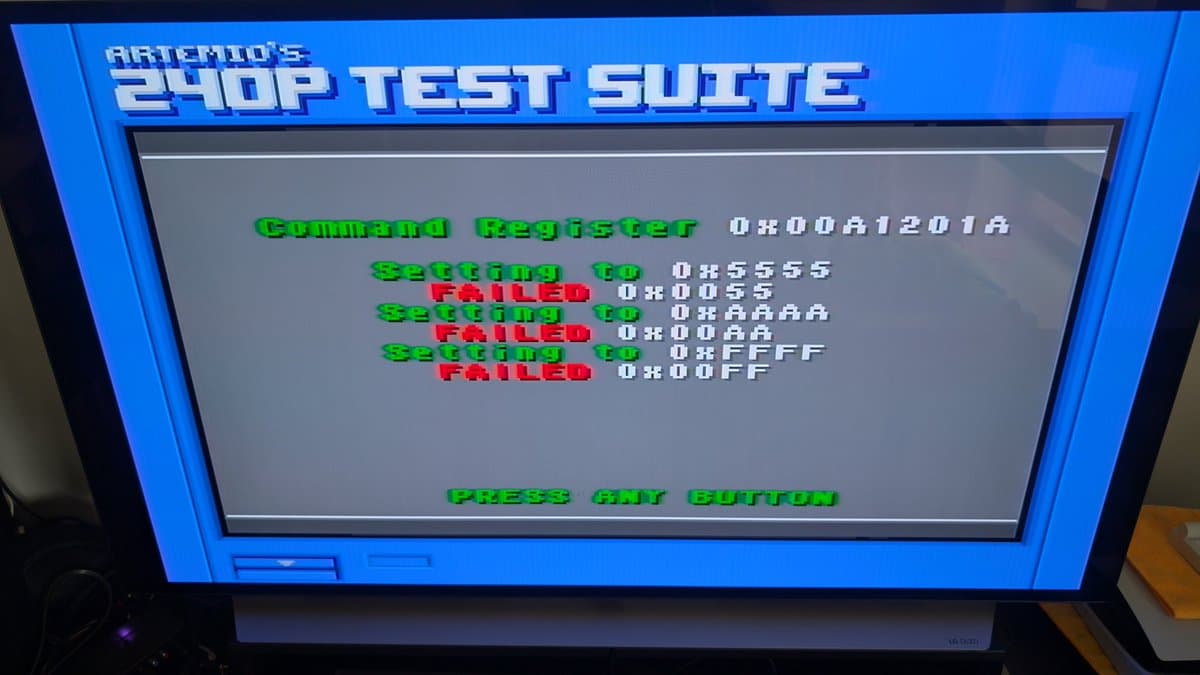 Artemis 240p Test Suite showing failed Command Register tests with hex addresses and error codes in green text on blue display.