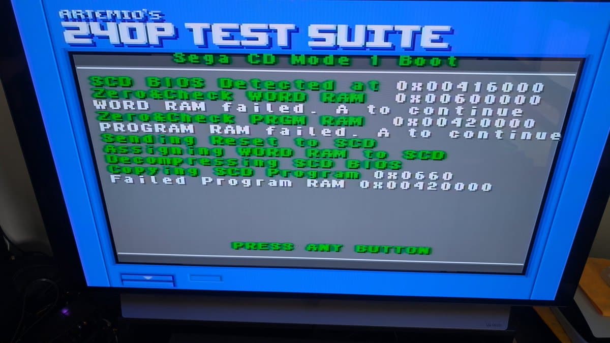 Sega 240P Test Suite boot screen showing multiple RAM failures: Word RAM, Program RAM, and SG0 BIOS errors with hex addresses displayed.