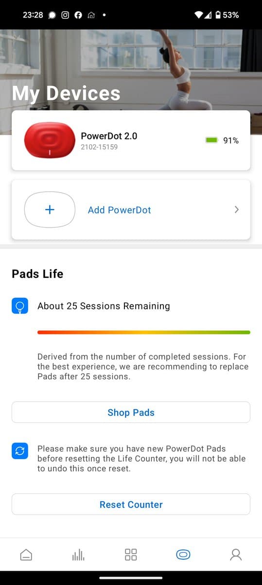 PowerDot 2.0 device shown in app displaying 91% battery with "About 25 Sessions Remaining" pad life indicator.