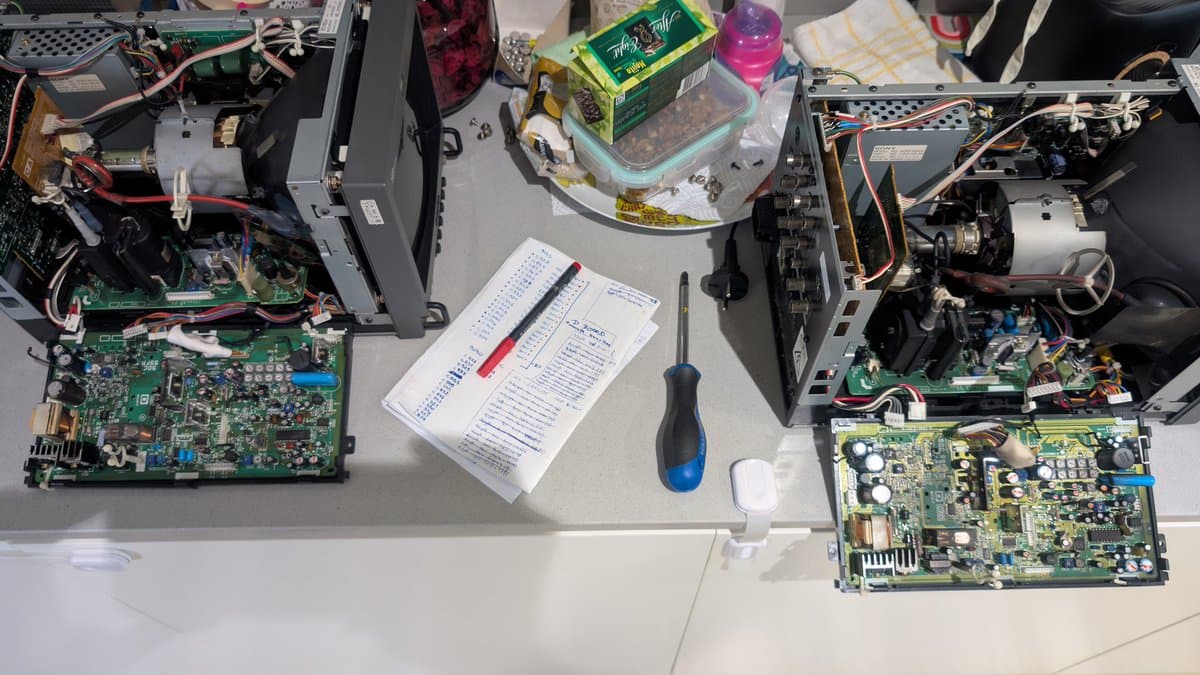 Workbench overview: two disassembled Sony PVM monitors with exposed circuit boards, deflection boards, PSU components, service manual, and screwdriver during restoration work.