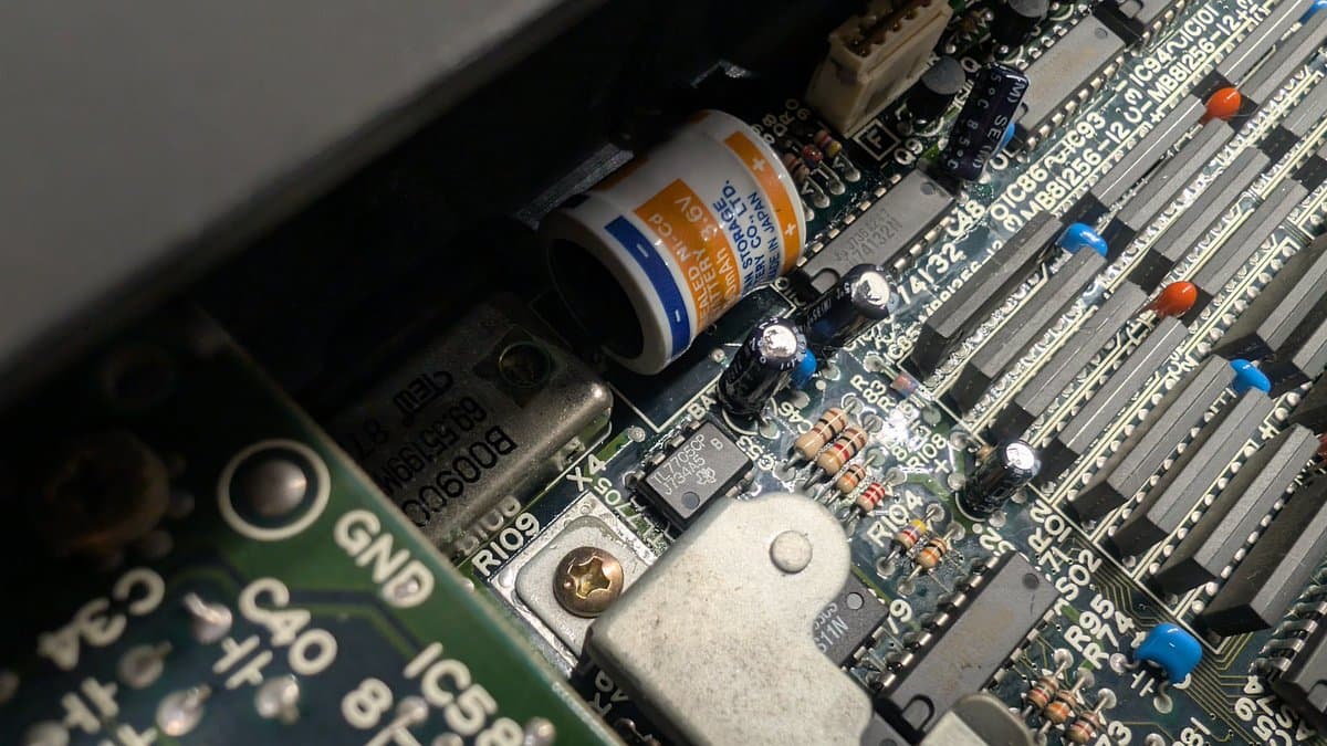 Battery leakage corrosion on X68000 motherboard cleaned with vinegar and isopropyl alcohol, showing damaged traces and component pads.