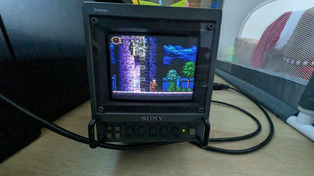 Sony PVM-6041Q displaying Castlevania gameplay after SCART cable and vertical hold adjustment repairs completed.