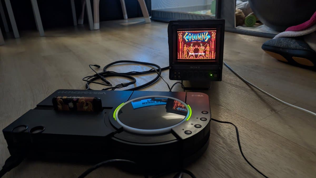 Sony PVM-6041Q displaying Columns arcade game via Wondermega composite connection during restoration testing.