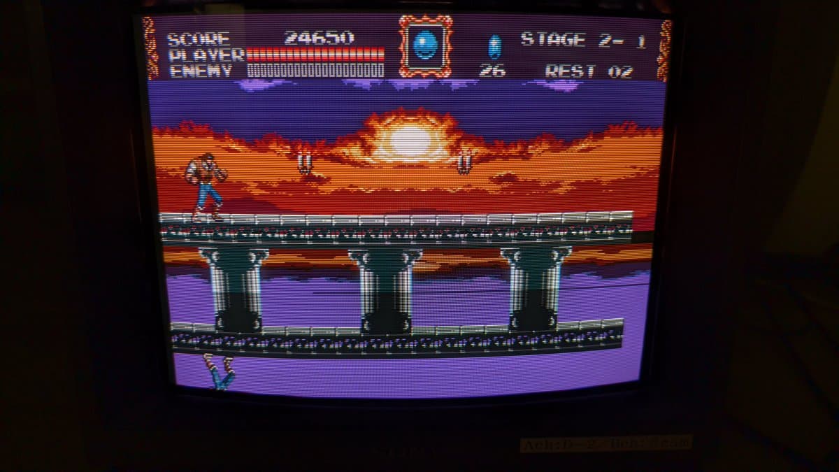 Castlevania Stage 2-1 gameplay on repaired Sony PVM-14M4J CRT displaying vibrant colors, demonstrating successful restoration of missing color channel and retrace line issues.