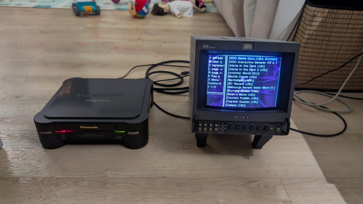 Panasonic FZ-1 3DO connected to Sony monitor displaying game menu; console shows PSU repairs and ODE installation completed during restoration.