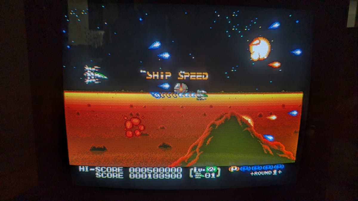 Eliminate Down arcade game running on repaired B&O Beovision 1 CRT displaying perfect picture after X2 safety cap replacement and maintenance work completed.